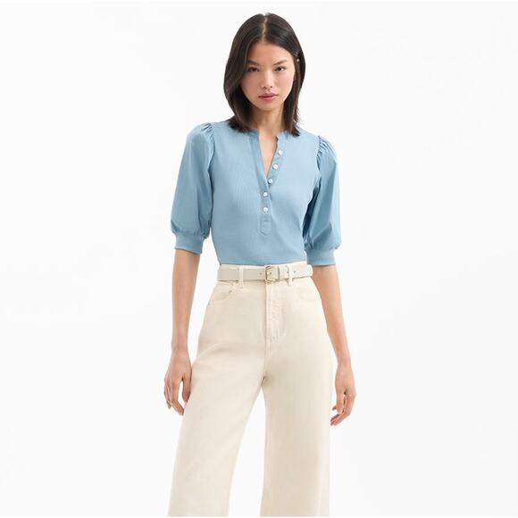Veronica Beard Coralee Puff Sleeve Tee SMALL Blue Ribbed Knit Poplin Top EUC - Picture 1 of 8